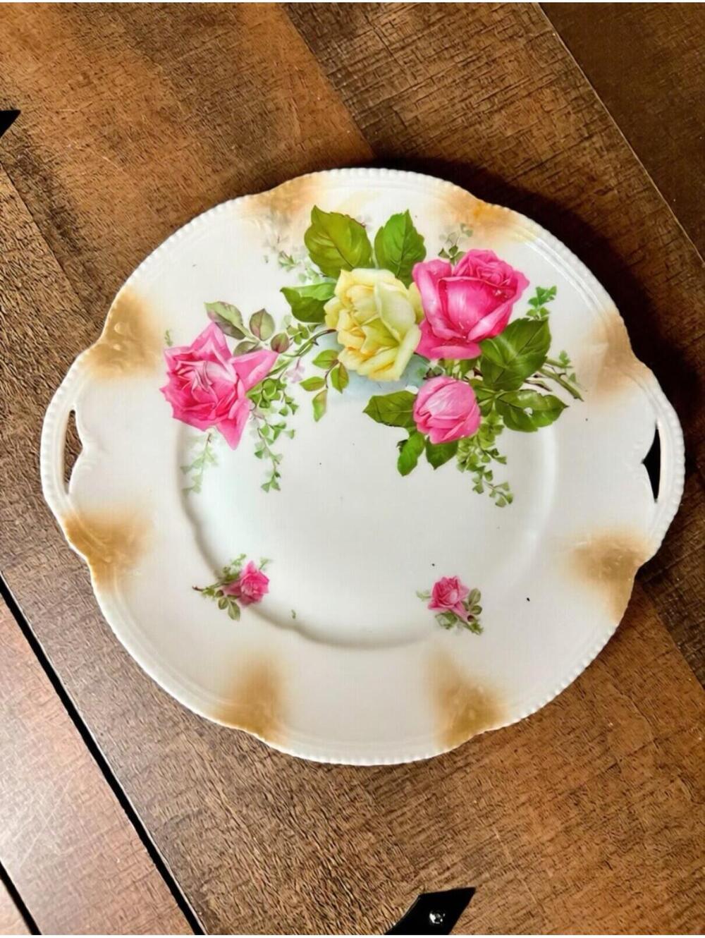 Vintage Floral Ceramic Cake Plate with Handles - 10.5 Inch